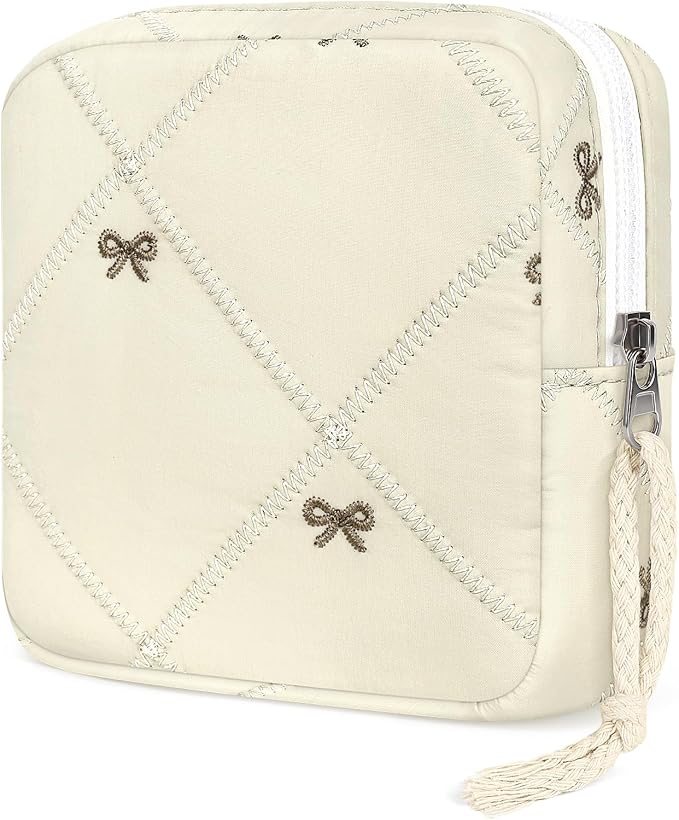 Likesing Quilted Period Bag, Period Pouches for Teen Girls Womens, Portable Bow Sanitary Napkin Storage Bag Feminine Emergency Tampon Pad Pouch(Beige Bow)
