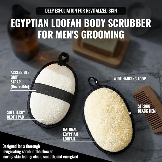 RIYNIBIY Natural Loofah for Men, 2PCS Black & White Set Egyptian Luffa Body Scrubber for Shower & Bath, Quick-Drying Exfoliating Sponge Pad for Men's Hygiene & Body Care - Travel Essentials & Gym Tool