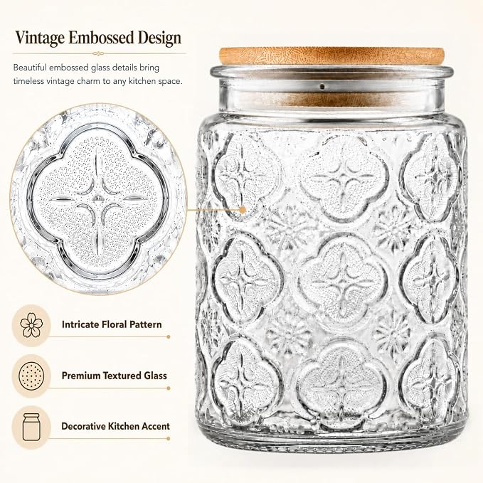 Glass Jar with Lid, 23.7 oz Decorative Mason Jar, Coffee Canister | Glass Storage Container with Lid, Airtight Kitchen Canister for Coffee, Tea, Sugar, Candy, Cute Jar