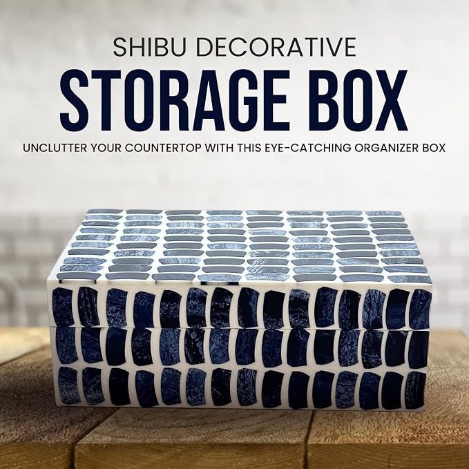 Perilla Home Home Decor Decorative Storage Wooden Box Small Shibu Organizer Tool Stash Card Craft Treasure Trinket Memory Keepsake Jewelry Box for Men and Women, Gifts For All, Blue and Off White