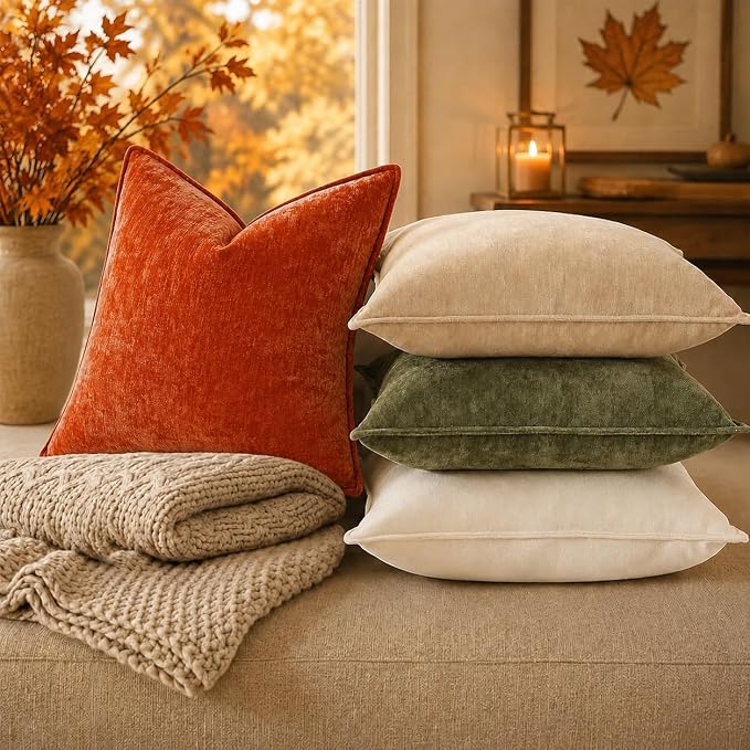 decorUhome Chenille Rust Velvet Throw Pillow Covers 20x20 Set of 2 | Fall Soft Couch Decorative Modern Farmhouse Pillow Cases with Elegant Design for Sofa Bed Living Room Home Decor