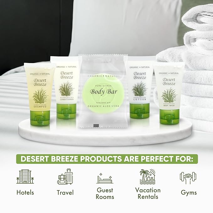 Desert Breeze Hotel Soaps & Toiletries Bulk Set | 1-Shoppe Amenities Kit | 1oz Shampoo & Conditioner, Body Wash, Lotion, Bar Soap | Travel Size | 150 Pieces