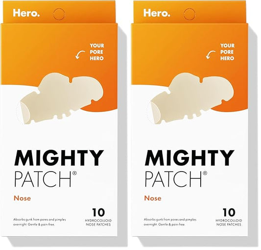 Mighty Patch Nose Pimple Patches from Hero Cosmetics, Large Hydrocolloid Pore Strips, Dermatologist Approved, Overnight, Pimple Stickers to Absorb Acne Nose Gunk, 10 Count (Pack of 2)
