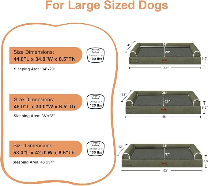 Orthopedic Dog Bed for Jumbo Dogs, 53 x 42 Inch, Dark Green | Egg crate foam for joint support, 3-sided bolster pet sofa, waterproof lining, washable cover, and non-skid base