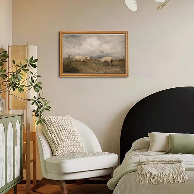 ZLPLLHA Gold Framed Wall Art Vintage Wall Decor Sheep Canvas Art Animal Pictures Rustic Landscape Paintings Scenery Artwork Farmhouse Prints For Living Room Bedroom Office