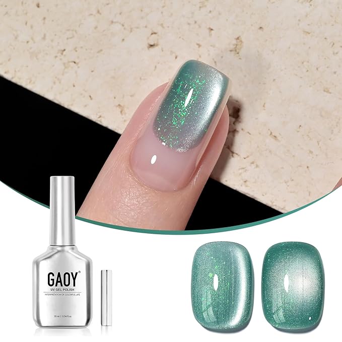 GAOY Teal Cat Eye Gel Nail Polish, 16ml Green Glitter Holographic Nail Polish with Magnet, Reflective Translucent UV Gel, 2930 Shimmering Lake