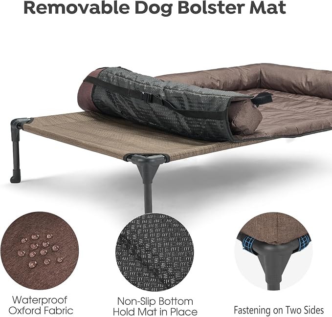 Veehoo Outdoor Elevated Dog Bed with Waterproof Bolster Cushion, Cooling | Raised Dog Bed with Removable & Washable Mat Topper, Breathable Mesh, Dog Couch Cot for Indoor Outdoor, 42", Large, Brown