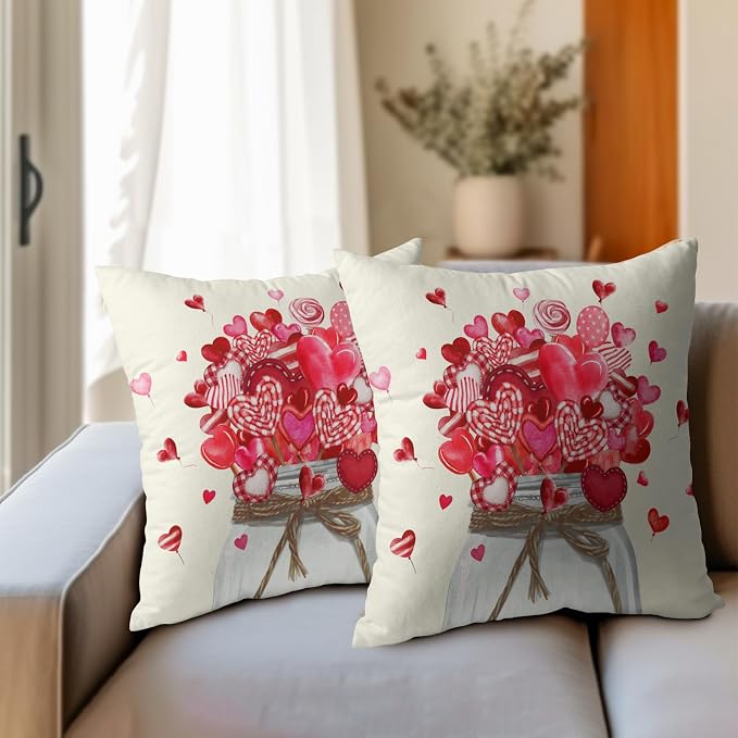 Kawani Valentine's Day Throw Pillow Covers 18x18 Inch Set of 2 Red Love Hearts Lollipops Mason Jar Romantic Pillowcase Cotton Linen Square Cushion Case for Wedding Anniversary Date Decor