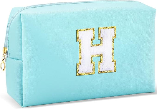 URSKYTOUS Gifts for Girls Initial Makeup Bag Personalized Cosmetic Bag with Zipper Cute Travel Toiletry Bag Waterproof PU Preppy Makeup Pouch Birthday Gift for Teen Girls Women(Blue H)