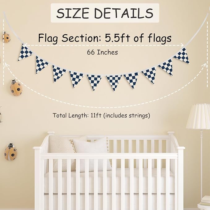 Boys Room Wall Art Decor,Cars Room Decor for Toddler Nursery Playroom,Navy Blue and White Checkered Garland Pennant Banners,Racing Flags 11Ft Bunting Flags Fabric for Baby Shower Birthday Party