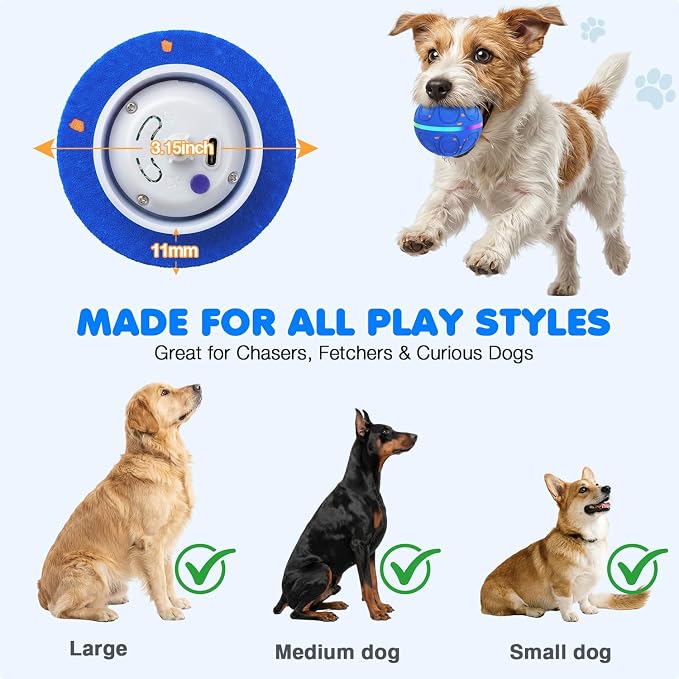 Interactive Dog Toys Ball – Automatic 3-Mode Active Rolling Balls (Blue) | Moving bouncing & rotating dog ball with colorful lights. Solid E-TPU material, IPX7 waterproof for medium & large dogs