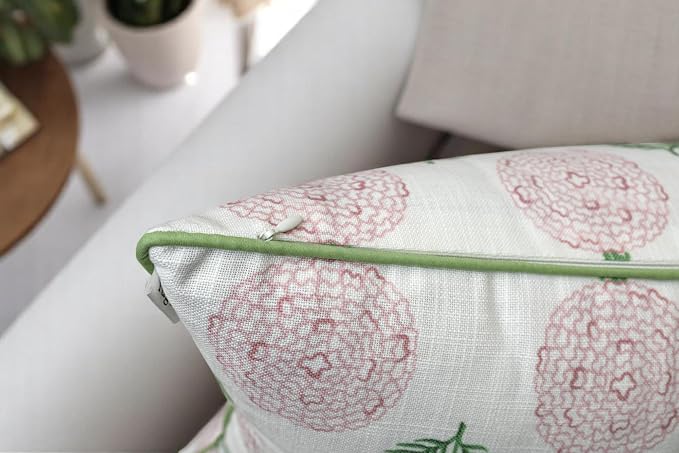 Marigold Floral Print 20x20 Throw Pillow Cover, Pink | Pink marigold floral on white slub, green piping; both sides printed; hidden zip; cover only