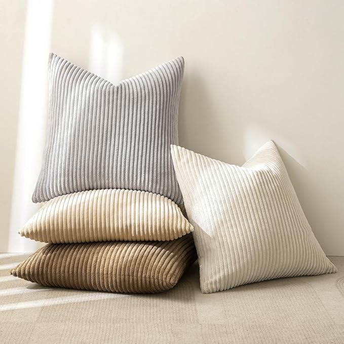 MIULEE Soft Corduroy Decorative Throw Pillow Covers Neutral 18x18 | Set of 4, Mid Century Home Decor, Cream Brown Collection, Boho Farmhouse Cushion Covers for Couch Bed Sofa Living Room
