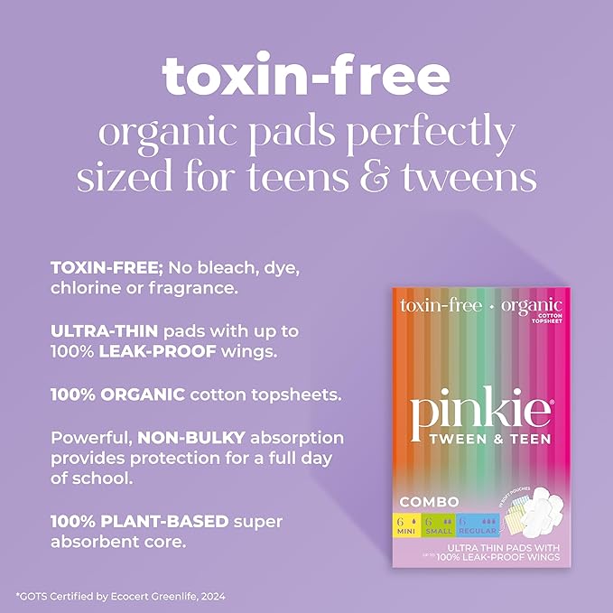 Pinkie Period Starter Pads - Designed for Smaller Underwear - Organic Cotton Topsheet Tween & Teen Pads with Wings - Chlorine Free & Fragrance Free - Teen Combo Pack, 18 Count