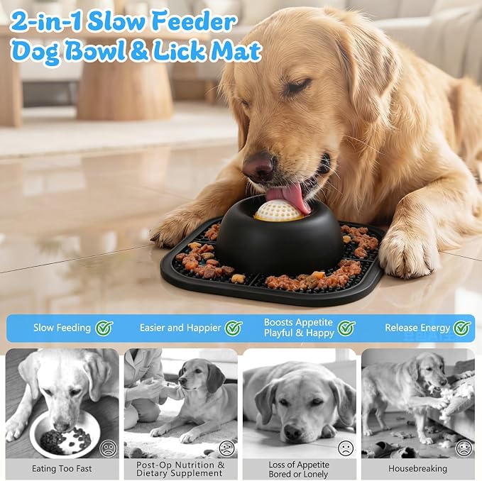 Slow Feeder Dog Bowls & Lick Mat for Liquid and Thick Treat, Anti-Slip Dog Lick Bowl with Interactive Rolling Ball, 5/6 Cup Pup Licking Toy for Large Medium Small Dogs and Cats Black