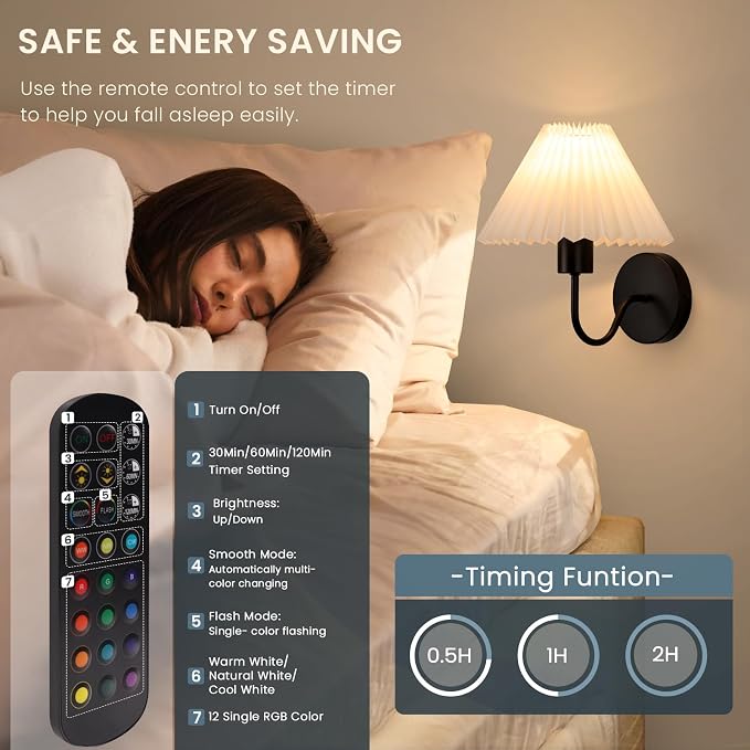 Rechargeable Battery Operated Wall Sconce Sets of 2, 15 Colors Wireless gooseneck Black Wall Lights Fixture with Dimmable Bulbs and Remote, Not Hardwired Wall Mounted Lamps for Bedroom Living Room
