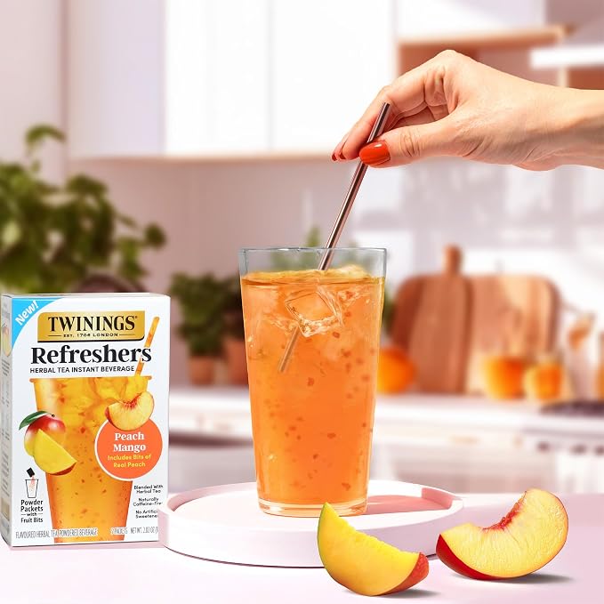 Twinings Peach Mango Refreshers, Herbal Tea Instant Beverage with Real Peach Fruit Bits, 5 Count (Pack of 1), Café Style, No Artificial Sweeteners, Naturally Caffeine-Free Refreshment, 5 Packets