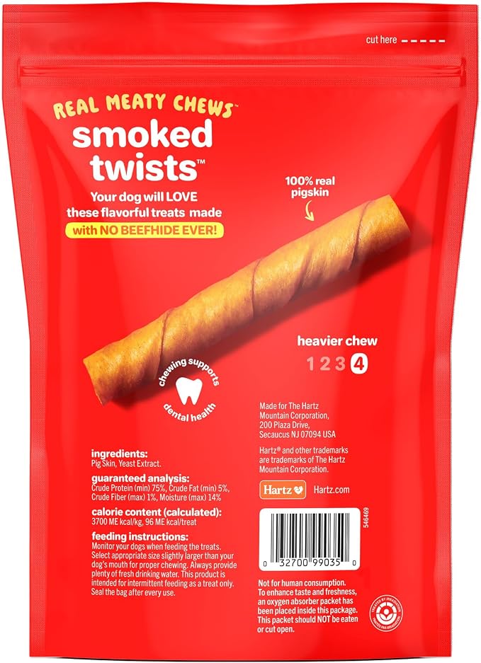 HARTZ Oinkies Natural Smoked Pig Skin Twist Dog Treat Chews - 10 Pack