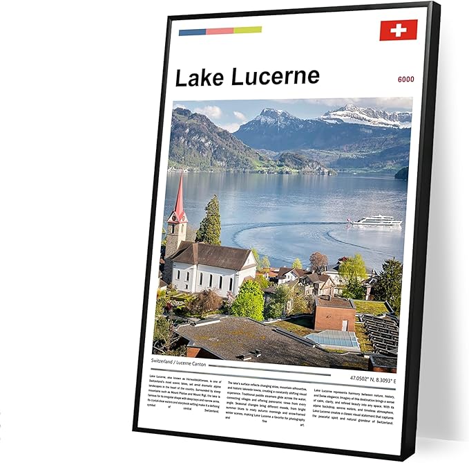 Poster Lake Lucerne Wall Art Original Design(17"x11" Golden Frame) Switzerland Alps Landscape Print European Travel Scenery Nature Photography Swiss Mountain View Picture