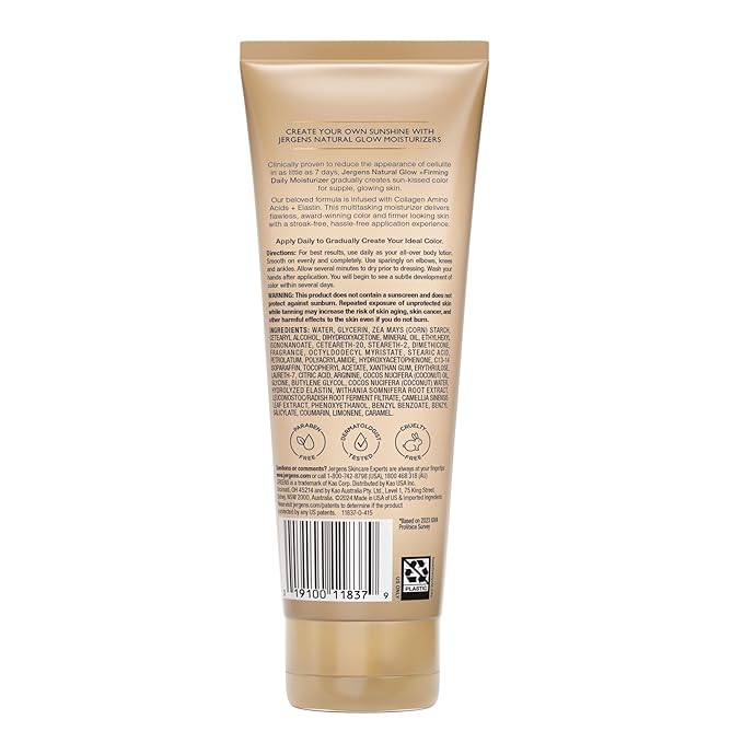 Jergens Natural Glow +Firming Self Tanner Body Lotion, Fair to Medium Skin Tone, Sunless Tanning Moisturizer with Collagen and Elastin. Helps to Visibly Reduce Cellulite, 7.5 Fl Oz (Pack of 2)