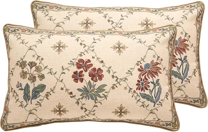 patdrea French Vintage Linen Throw Pillow Cover,12"x20",Set of 2-Audrey A | Decorative Pillow Case with Zipper,Brown Floral Pattern,Pillow Cover for Couch Living Room Bedroom Sofa