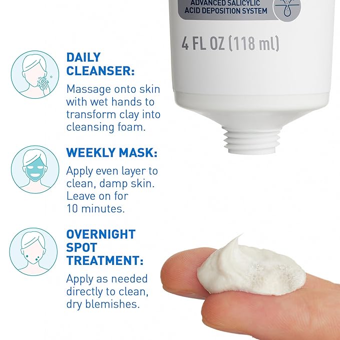CeraVe Clay To Foam Acne Face Wash,Salicylic Acid & Kaolin Clay Acne Spot Treatment Clears Pimples & Blackheads, Prevents Breakouts, Hydrates & Soothes, Fragrance-Free, Non-Comedogenic,4oz,(Pack of 2)