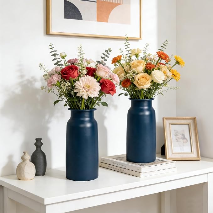 Set of 2 Navy Blue Seamless Metal Flower Vase, 10.8" Tall Modern Matte Blue Floral Vase Pair, Shatterproof Leakproof, Sophisticated Home Decor Centerpiece for Table, Mantle, Shelf