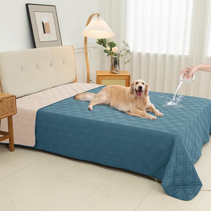 100% Waterproof Washable Dog Blanket，Gray Blue+Apricot， 82"x92" | ,7-Layer Reversible Couch Covers for Dogs Met for Sofa Furniture Car Camping