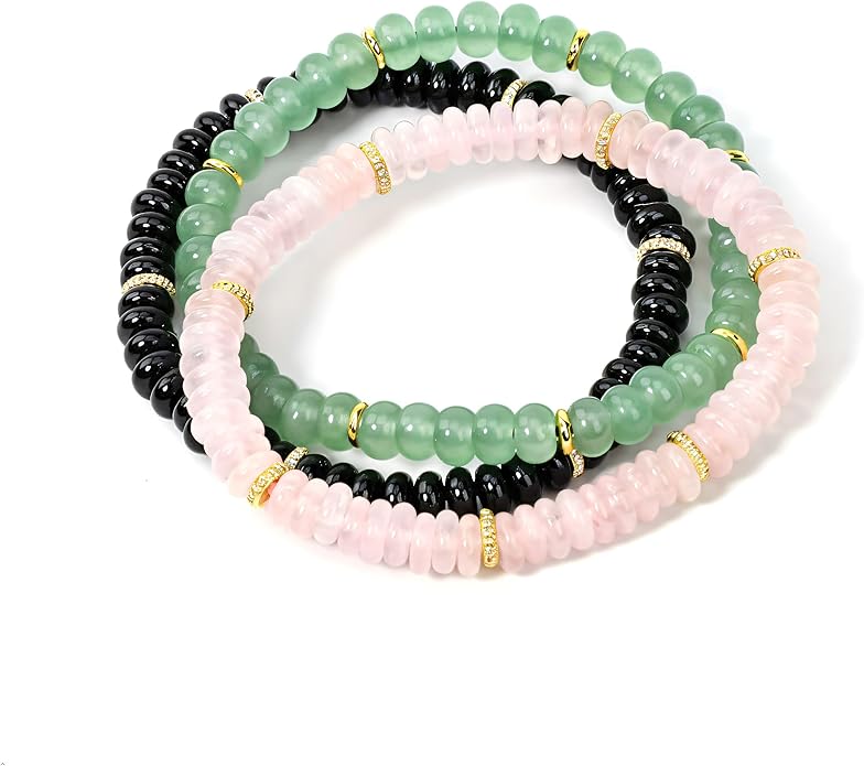 L&J JEWELRY 3PCS Handmade Natural Gemstone Stretch Elastic Bracelet Healing Crystal Round Stone Beads Jewelry Gifts for Women Men