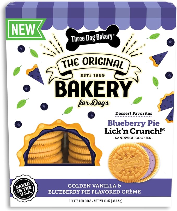 Three Dog Bakery Lick'n Crunch! Dog Treats - 13 oz | Blueberry Pie Sandwich Cookies - Crunchy Treats with Vanilla & Blueberry Pie Creme