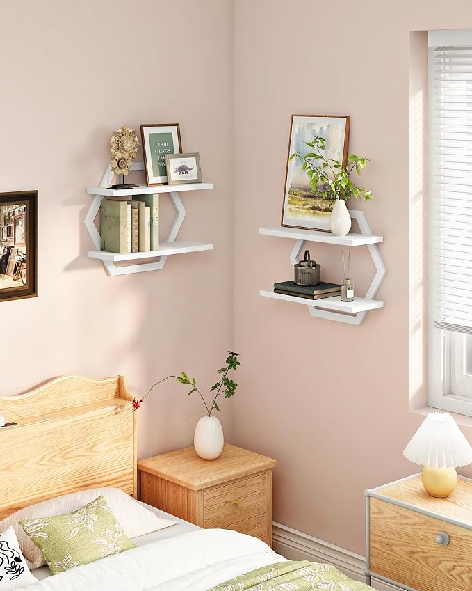 Hexagon Floating Shelves for Wall, Set of 2, 2 -Tier Hanging Shelves, Wall Mounted Storage Shelves, for Living Room, Bedroom, Kitchen, Home Office, Study, White TBJ06P2WB