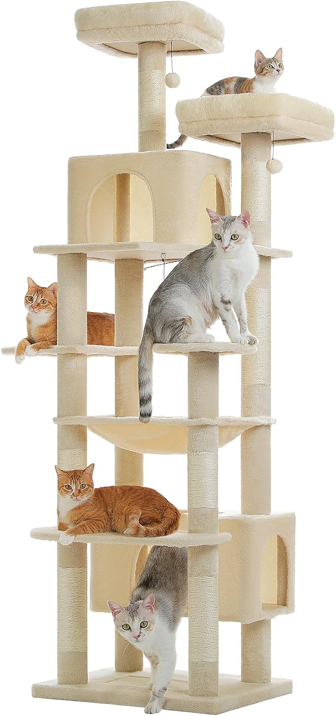 PAWZ Road XXL 81" Cat Tree Large Cats with Big Condos,Perches Sisal Posts | 20"x16" hammock for adult cats, tall cat tower with 7 scratching posts, dual perch and large condo for big maine cats