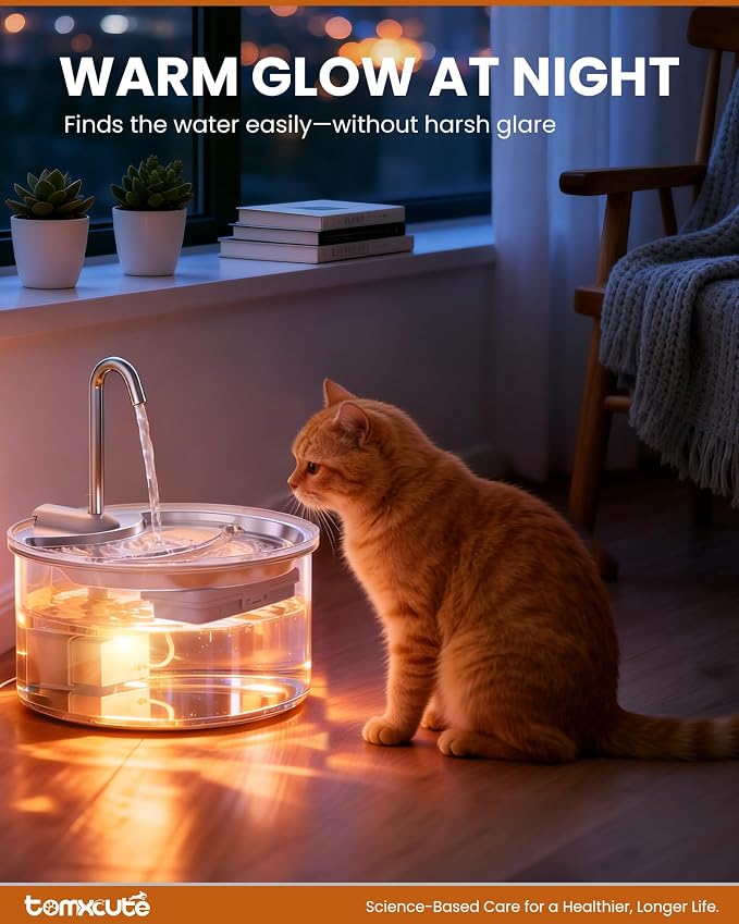 Tomxcute Glass Cat Water Fountain-84oz Dishwasher Safe Cat & Dog Fountain | Borosilicate Glass Bowl,Easy to Clean,Prevents Feline Acne,Ultra Quiet Pump,Warm Light,Gifts for Cats, Dogs
