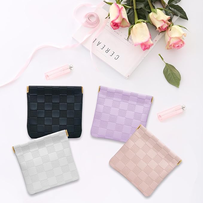 2 PCS Small Makeup Bag for Women, Small Pouches for Purse,Mini Checkered Cosmetic Bag Waterproof Pouch for Travel Storage bag, for Cosmetics Headphones Jewelry Cosmetic Lipstick Coins (Black, Pink)