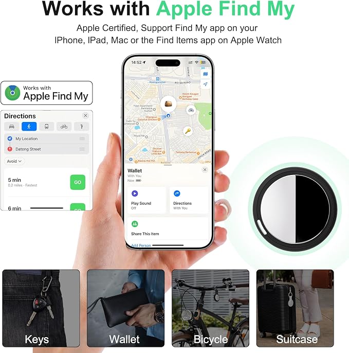 Air Tracker Tag Works with Apple Find My (iOS Only) Includes Replaceable Battery, Bluetooth Smart Item Locator Key Finder for Keys, Luggage, Wallet, Pet, Car, Bike (Black, 2-Pack)