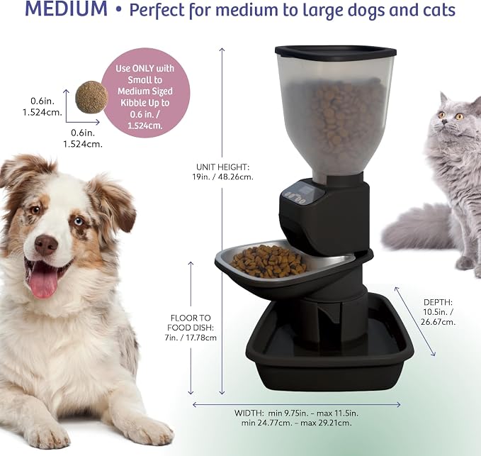 Feeding Friend® Automatic Dog & Cat Food Feeder with Water Dispenser, Smart Portion Control, OLED Display, Anti-Jam Design, Battery Operated, Medium Pets 15–30 lbs, Black