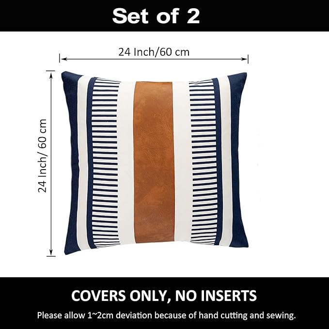 Set of 2 Large Throw Pillow Covers 24x24 Neutral Decorative Pillow Case for Sofa Couch Bed Faux Leather Accent Square Cushion Cover, Modern Farmhouse Decor
