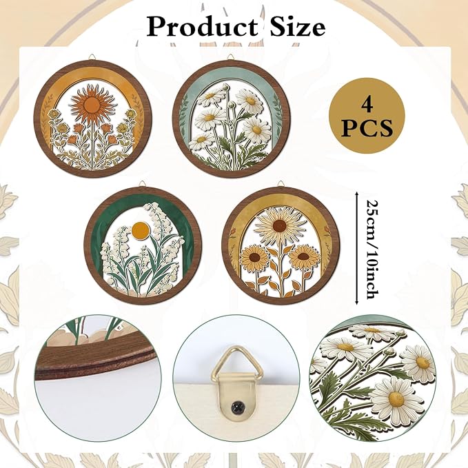 HPNIUB Vintage Flower Wall Decor, Farmhouse Sunflower Daisy Geometric Hanging Wooden Wall Art, 4 Pieces 10''x10'' Minimalist Boho Sun&Floral Wood Sign for Girls Bedroom Living Room Office