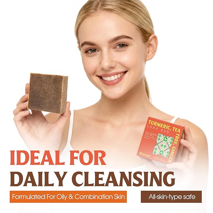 Turmeric, Tea Tree & Ginger Natural Soap Bar (4.2 oz) | Gentle Exfoliation & Refreshing Lather | Cold-Processed, Handmade in Vietnam (Pack of 1)