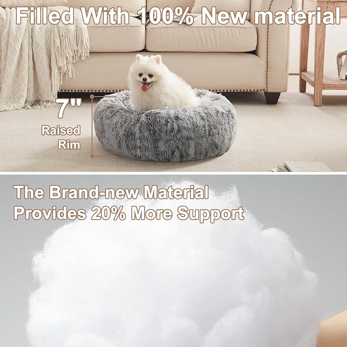 23 inches Faux Fur Fluffy Donut Dog Bed for Small Dogs,Dark Grey | Calming Plush Round Puppy Pet Bed with Removable & Washable Cover,Fits up to 25 lbs Pets