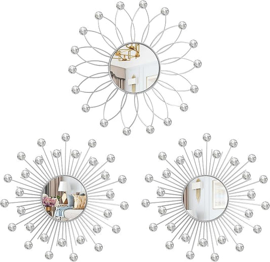 3 Pack Metal Mirrors for Wall Sunburst Wall Mirrors Home Décor Decorative Hanging Wall Art for Living Room Bedroom Entryway (Silver2 Crystal, Flower+Sunburst)
