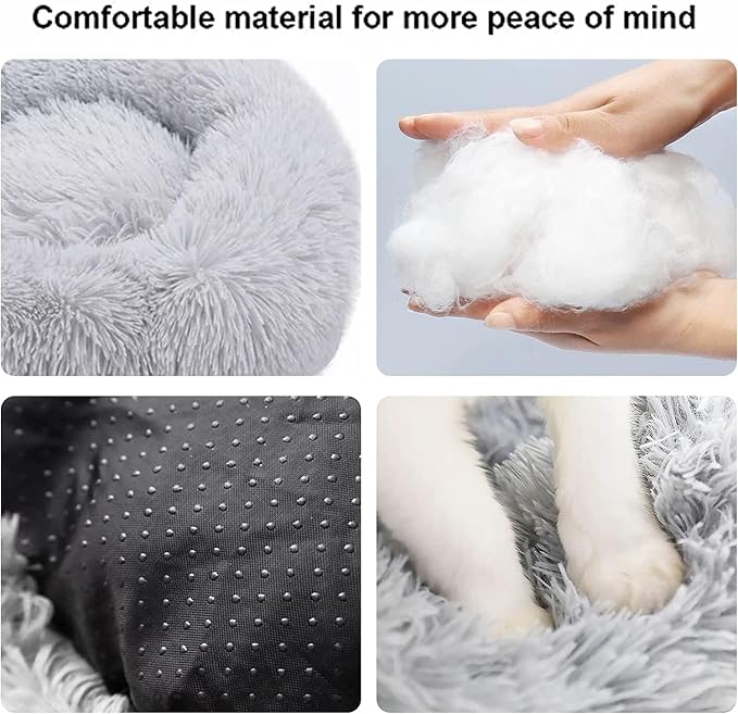 Fluffy Calming Cat Beds for Indoor Cats - Washable Round Dog Beds for Small Medium Dogs, Anti Anxiety Plush Faux Fur Pet Bed