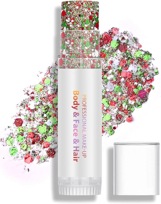 Red Green White Body Hair Face Glitter Stick, Holographic Sequins Face Sparkle Glitter Gel Neon Outfit for Women Face Paint Christmas Accessories Mermaid Chunky Makeup