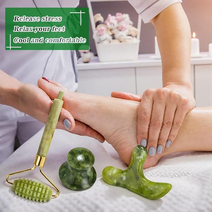 Sliner 6 Pcs Natural Jade Foot Massage Tool Set Jade Deep Tissue Point Massage Tool Foot Reflexology Massager Gua Sha Scraping Stone for Feet Care Relaxation Muscles Soreness Pain Relief