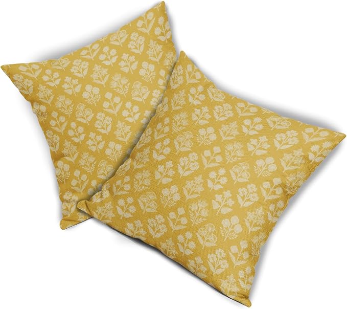 Yellow Floral Pillow Covers 24x24 Inch Set of 2, Vintage Flower Block Print Pattern Decorative Throw Pillowcases Outdoor Farmhouse Cushion Covers Spring Summer Rustic Sofa Couch Bed Decor