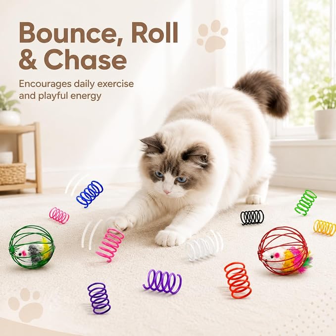 Cat Toys for Indoor Cats, 4 Wire Mesh Mice & 12 Colorful Springs