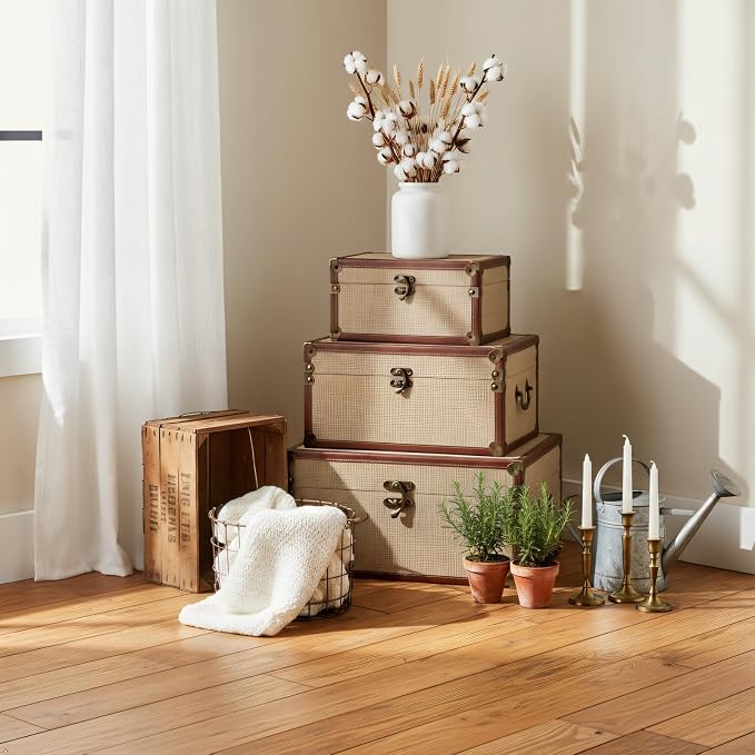 Farmhouse Decorative Storage Trunks Set of 3 Linen and Wood Boho Vintage Boxes with Metal Handles and Clasp, Rustic Wooden Keepsake Chests for Living Room, Entryway & Bedroom Organization
