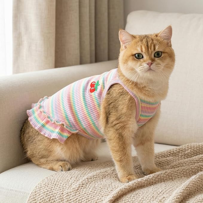 Jmkcoz Cute Striped Dog T Shirts Puppy Dress Pet Sleeveless Vest Clothes | Pink, X-Large, Soft, Lightweight, Breathable, Washable, Worn in All Seasons, Cherry Dog Shirts for Small Dogs Cats Chihuahuas