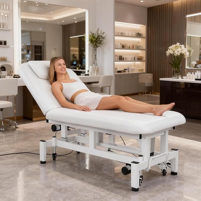OmySalon 2 Motors Electric Lift Massage Table, Heavy Duty Treatment Bed, Adjustable Height & Backrest Facial Bed for Professional Physical Therapy, Medical Spa, Esthetician, Treatment, Salon (White)