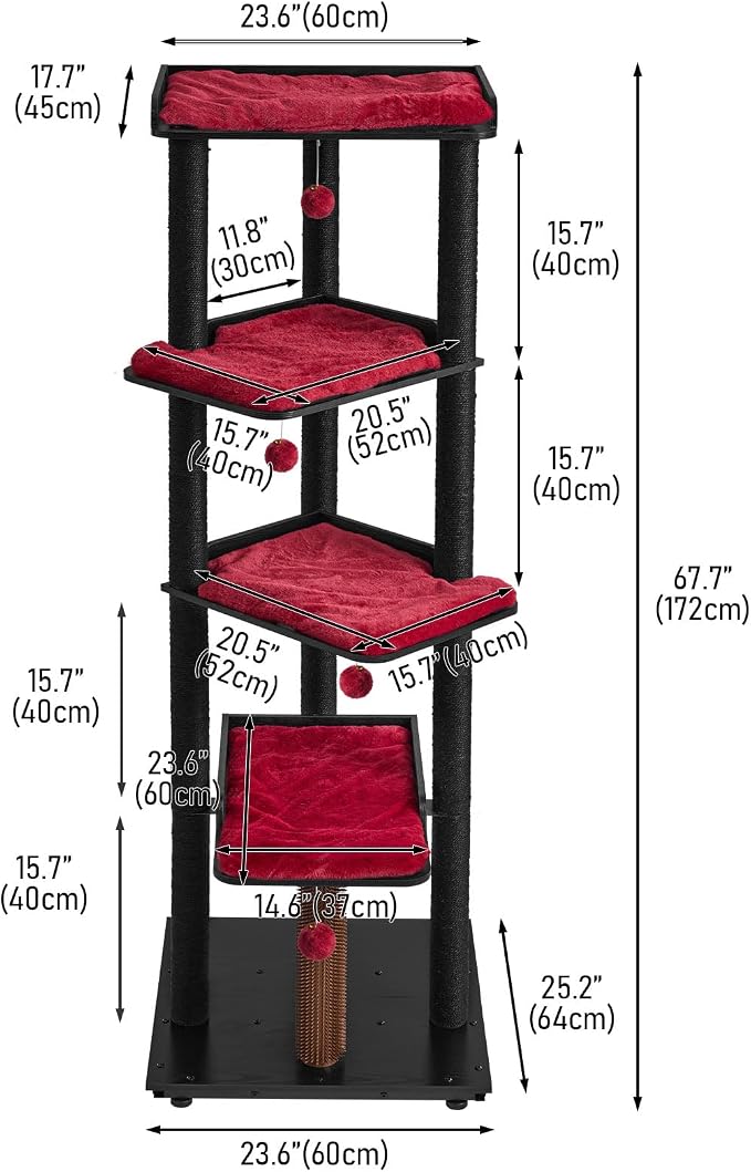 FourFurPets Heavy Duty Cat Tree, 67.7" Cat Tree for Indoor Cats Large Adult, Modern Cat Tower for Large Cats, Cat Tower with Scratching Post, Large Perch and Removable Pads,Black & Red